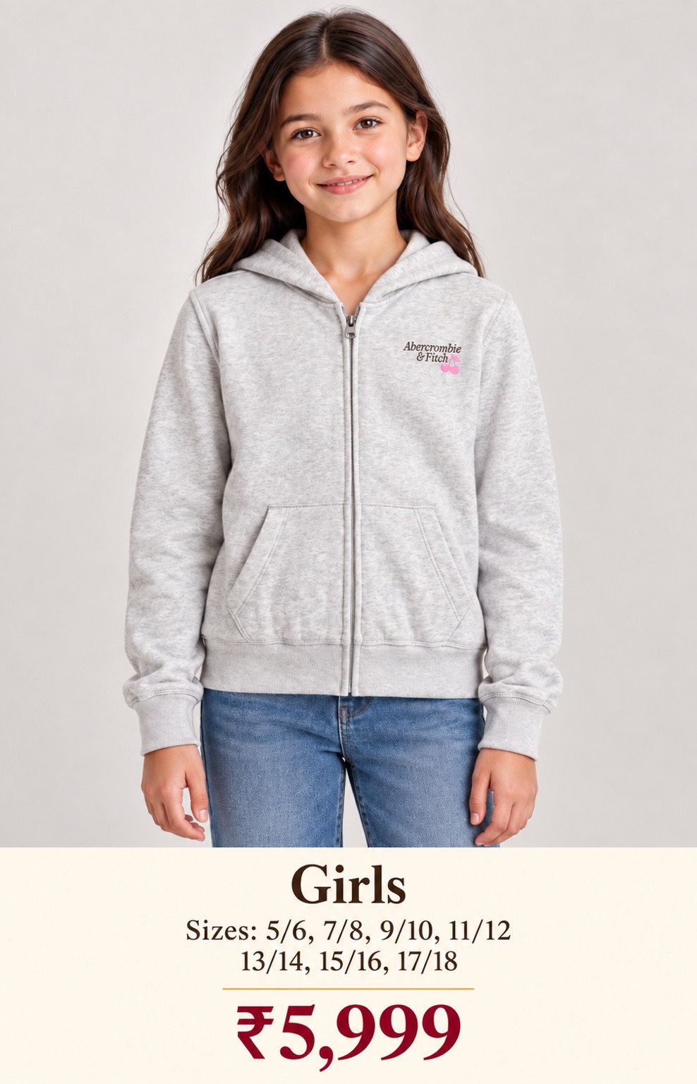 Abercrombie Kids Girls Grey Zip-Up Hoodie