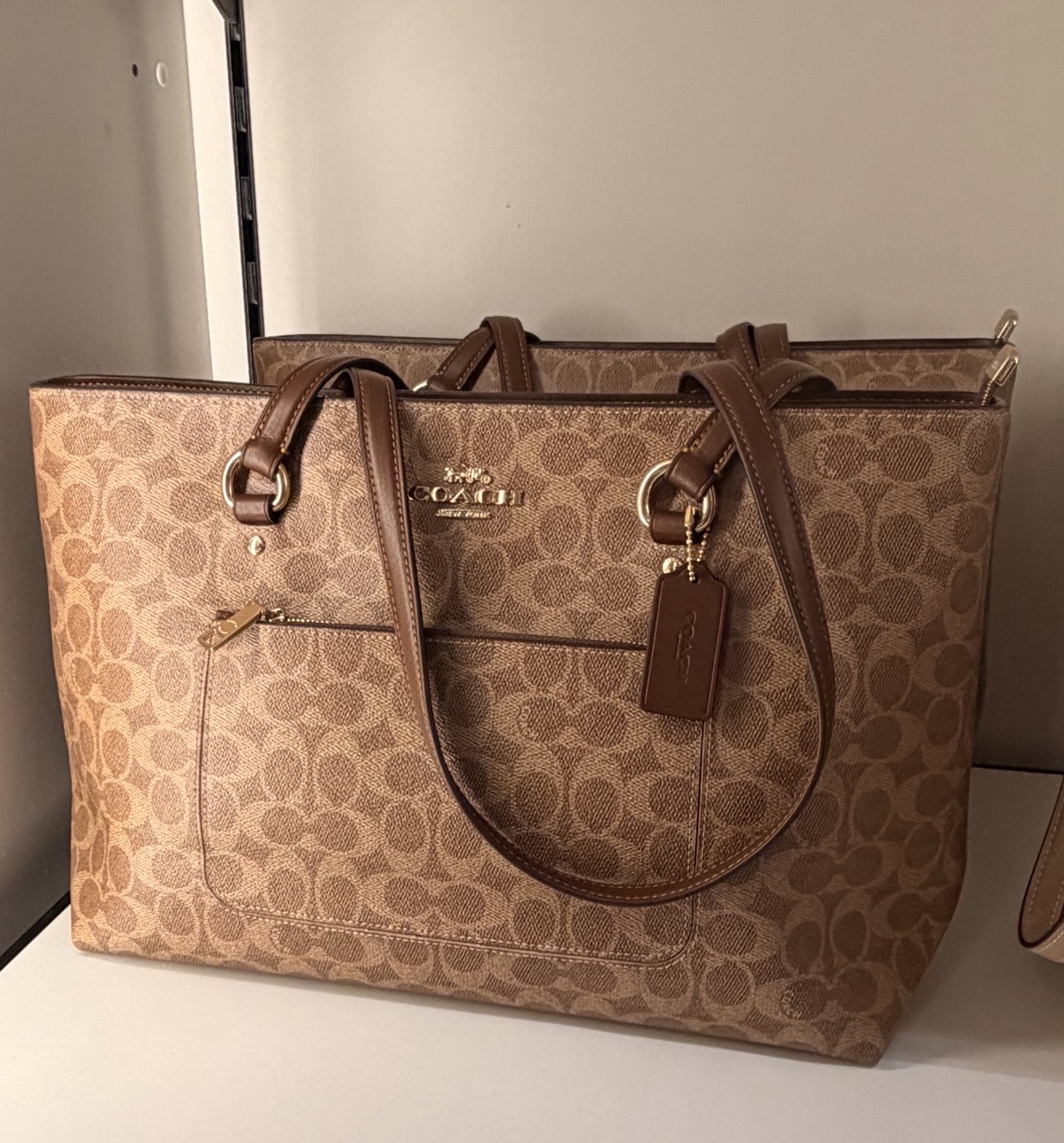 Tan Signature Zip Tote Bag