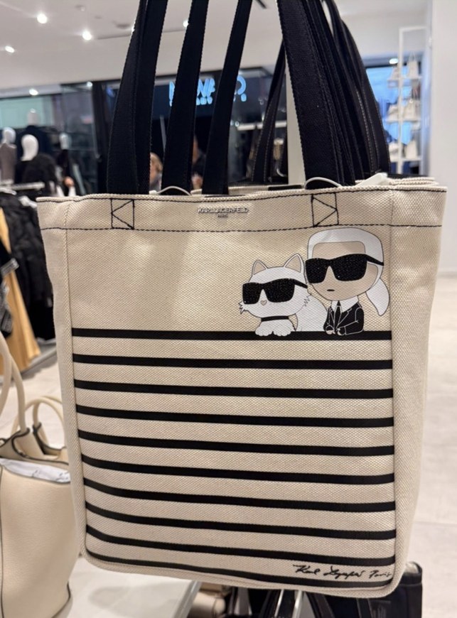 Cannes Karl & Choupette Striped Tote · Natural · snap closure · fits laptop