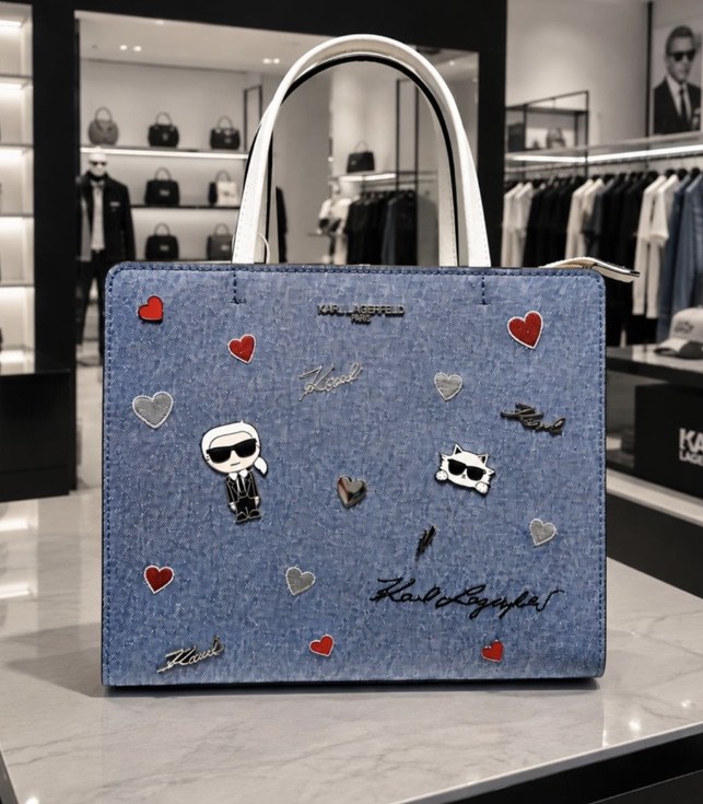 Denim hearts tote · store view · restocked