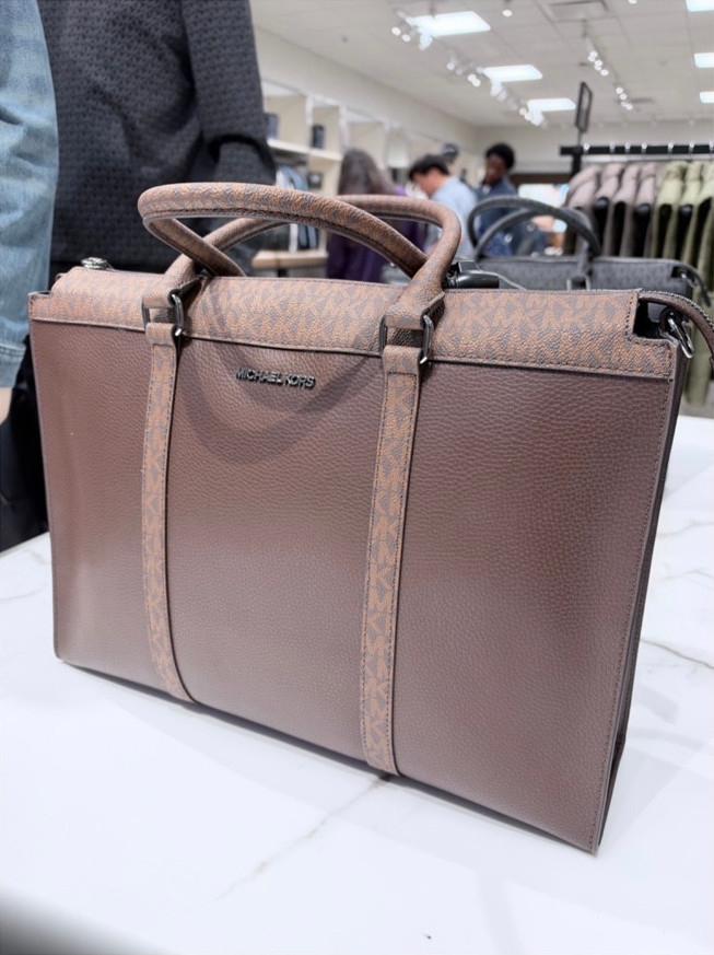 Brown Pebbled Laptop Bag with Signature Trim