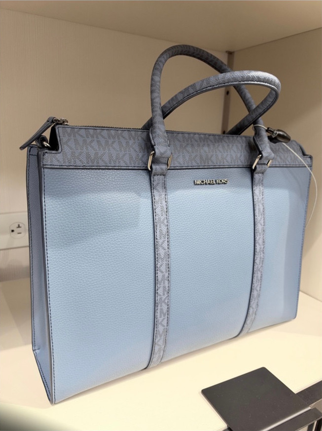 Light Blue Pebbled Laptop Bag with Signature Trim