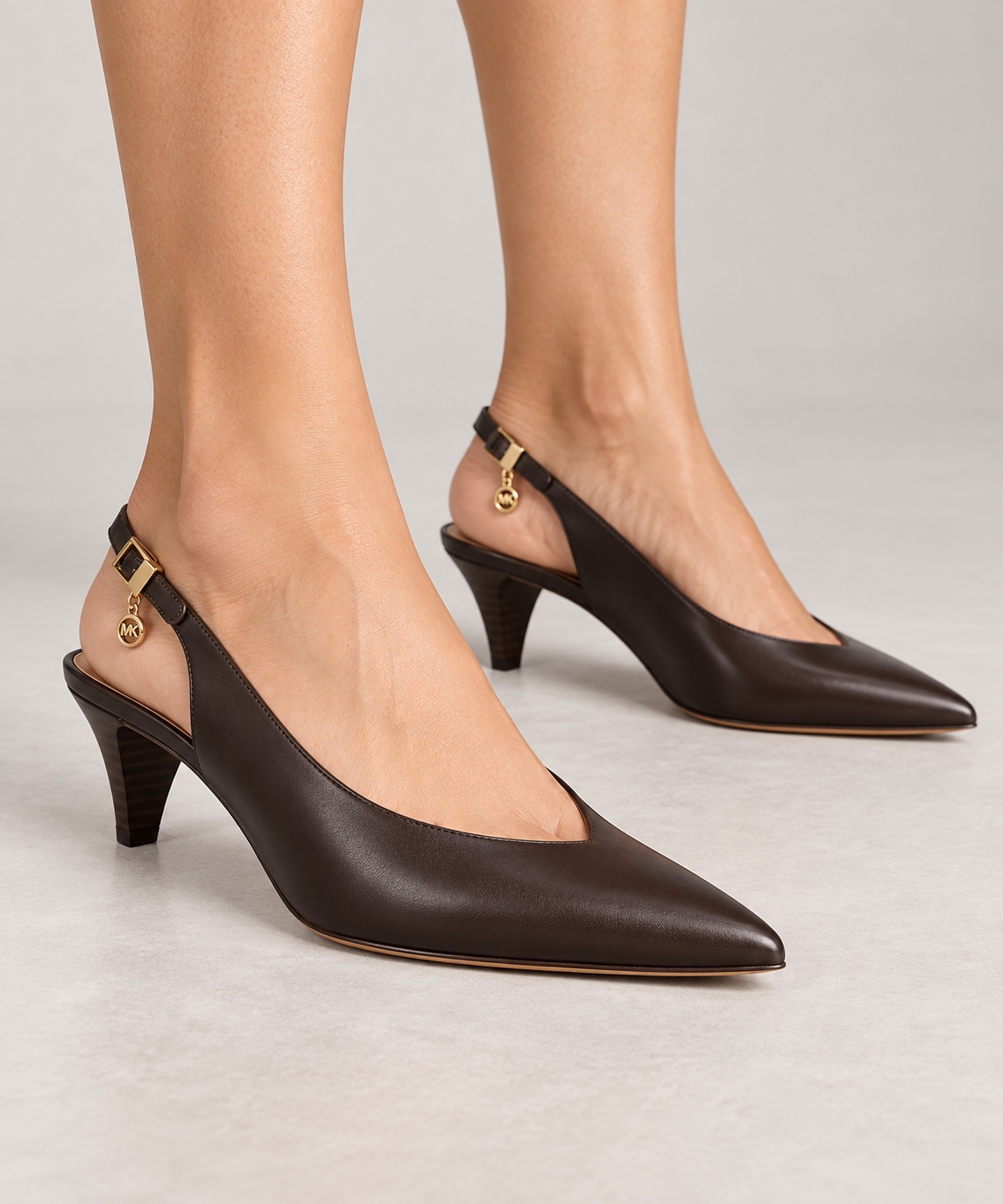 MK women’s dark brown pointed-toe kitten-heel slingbacks