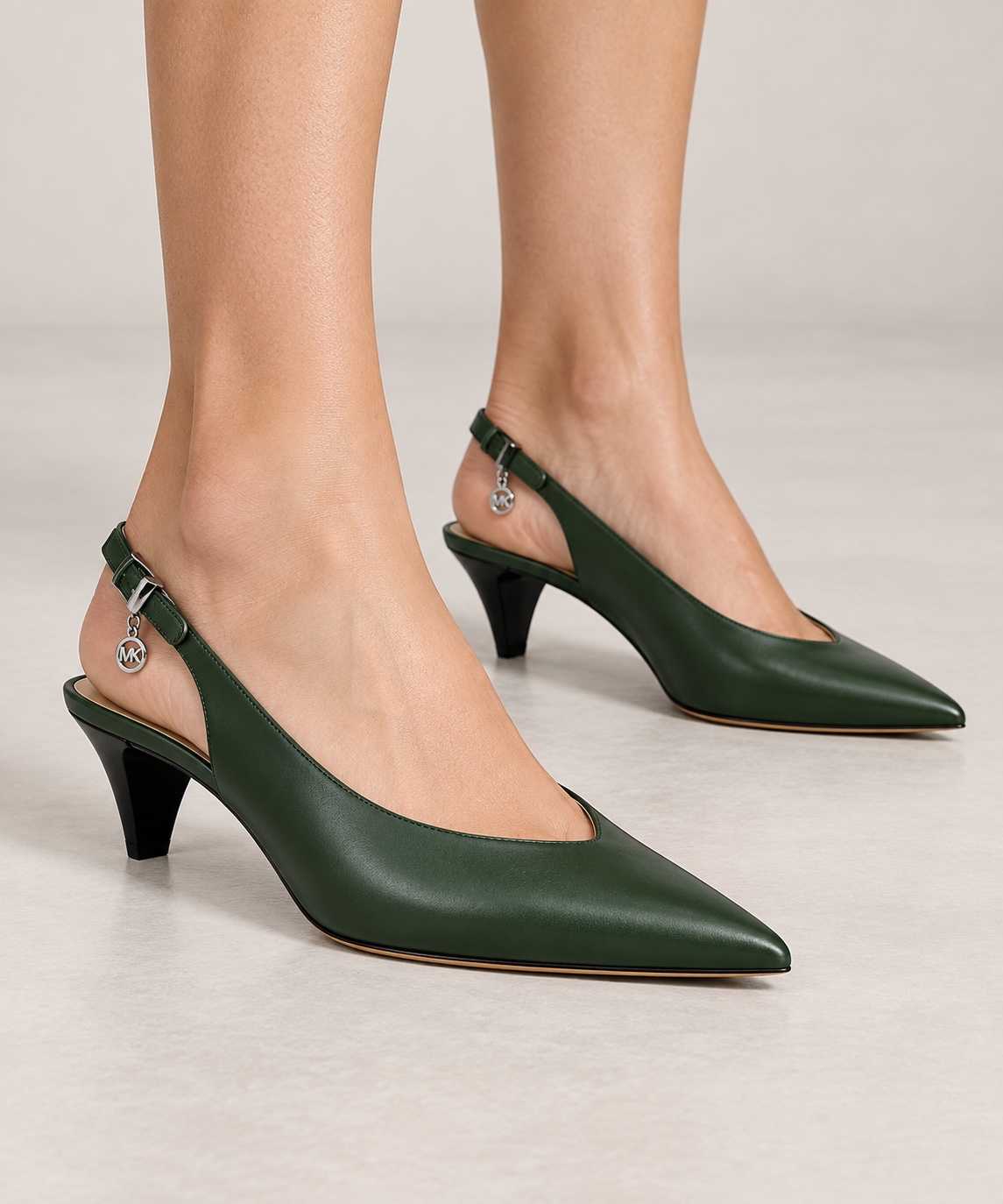 MK women’s forest green pointed-toe kitten-heel slingbacks