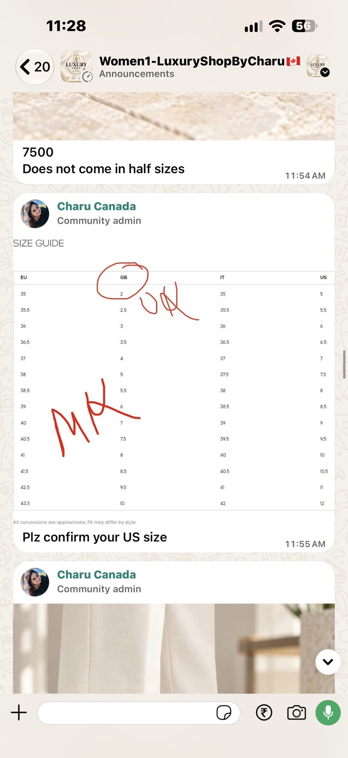 Original MK women footwear size guide showing EU, GB, IT and US sizes