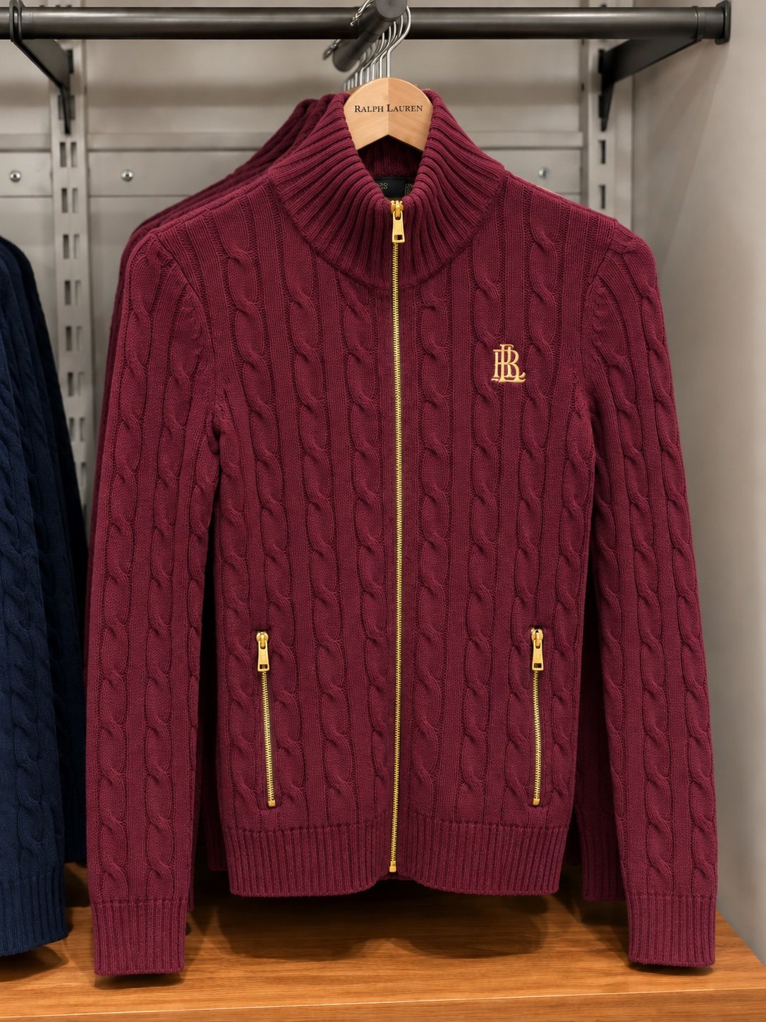 Burgundy cable-knit zip sweater