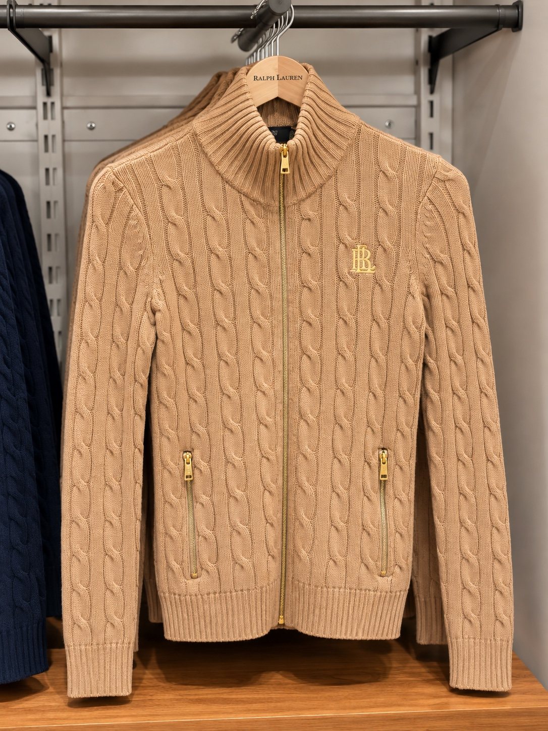 Camel cable-knit zip sweater