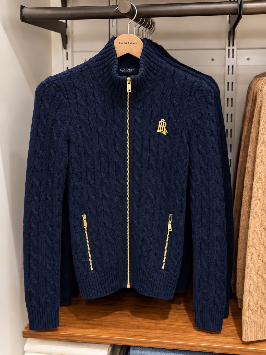 Navy cable-knit zip sweater