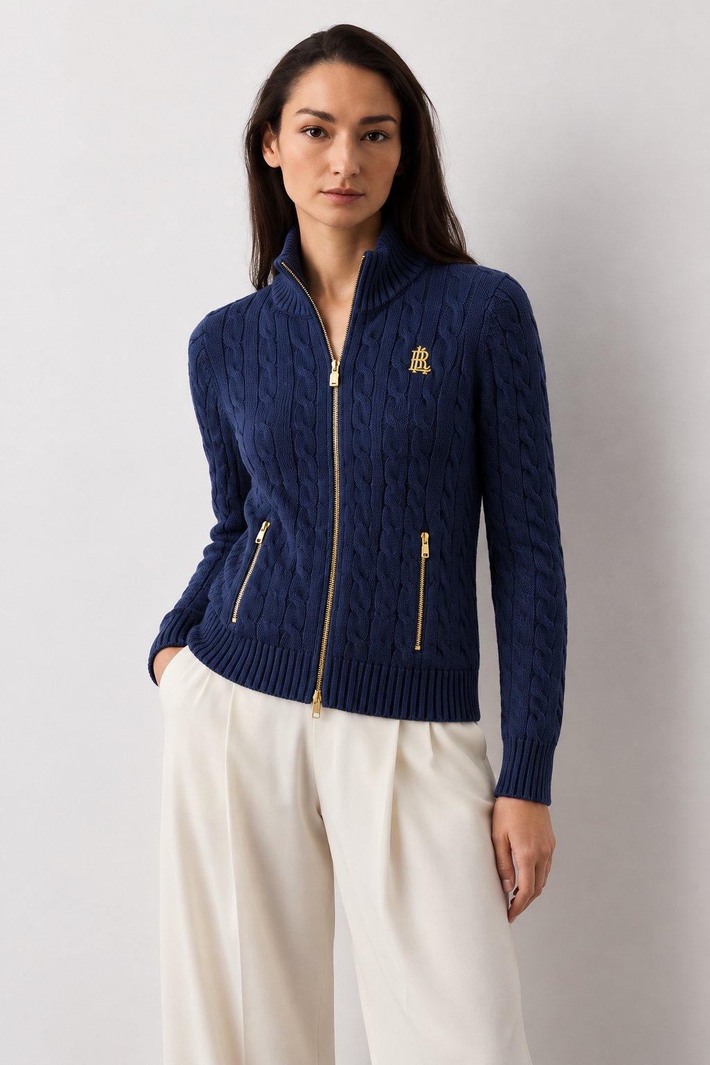Navy zip sweater · styled view
