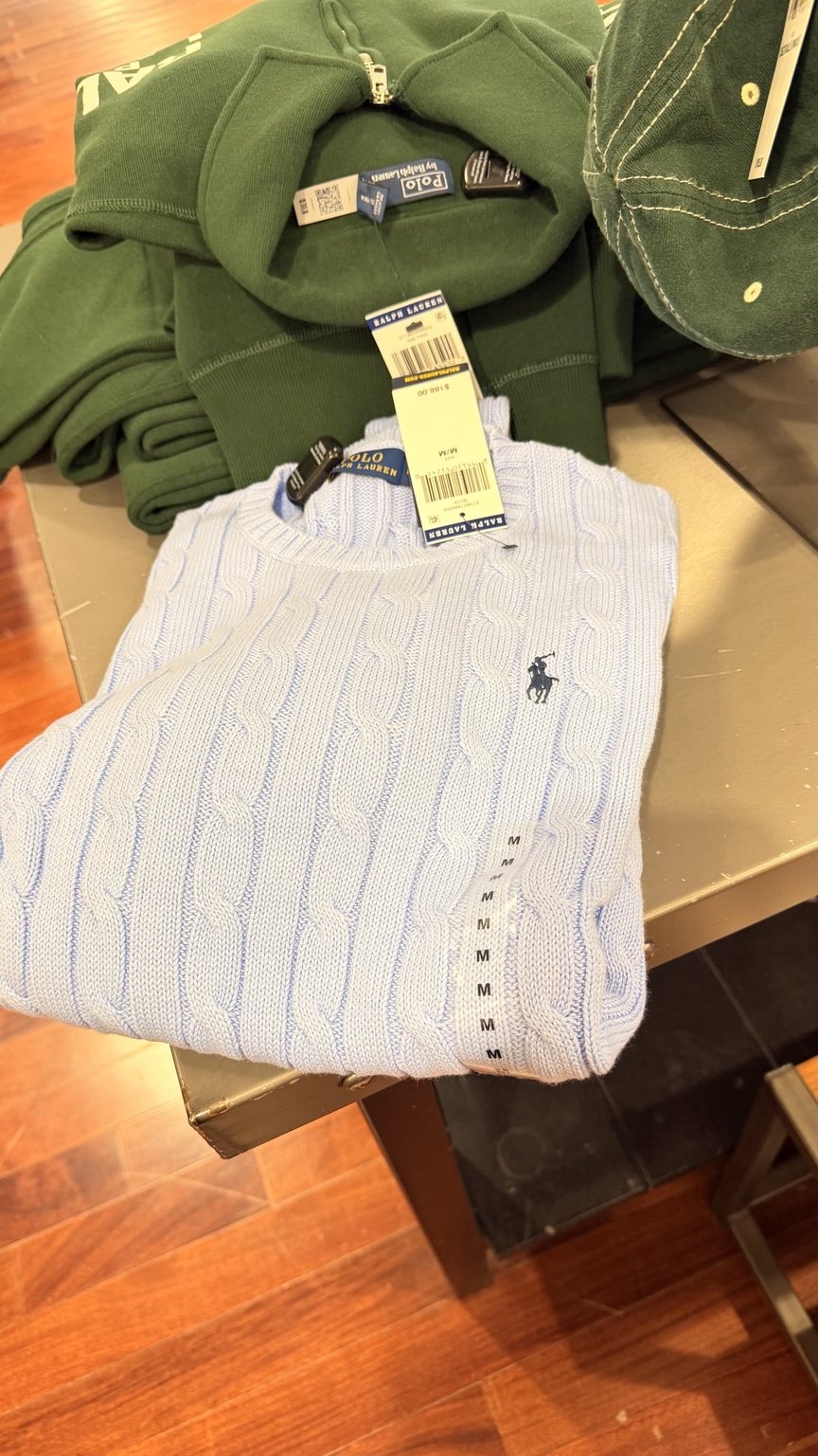 Pale blue cable-knit sweater