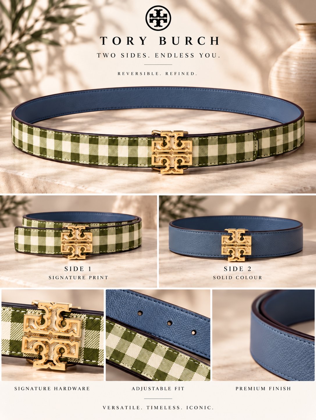 Tory Burch Green Check Reversible Belt