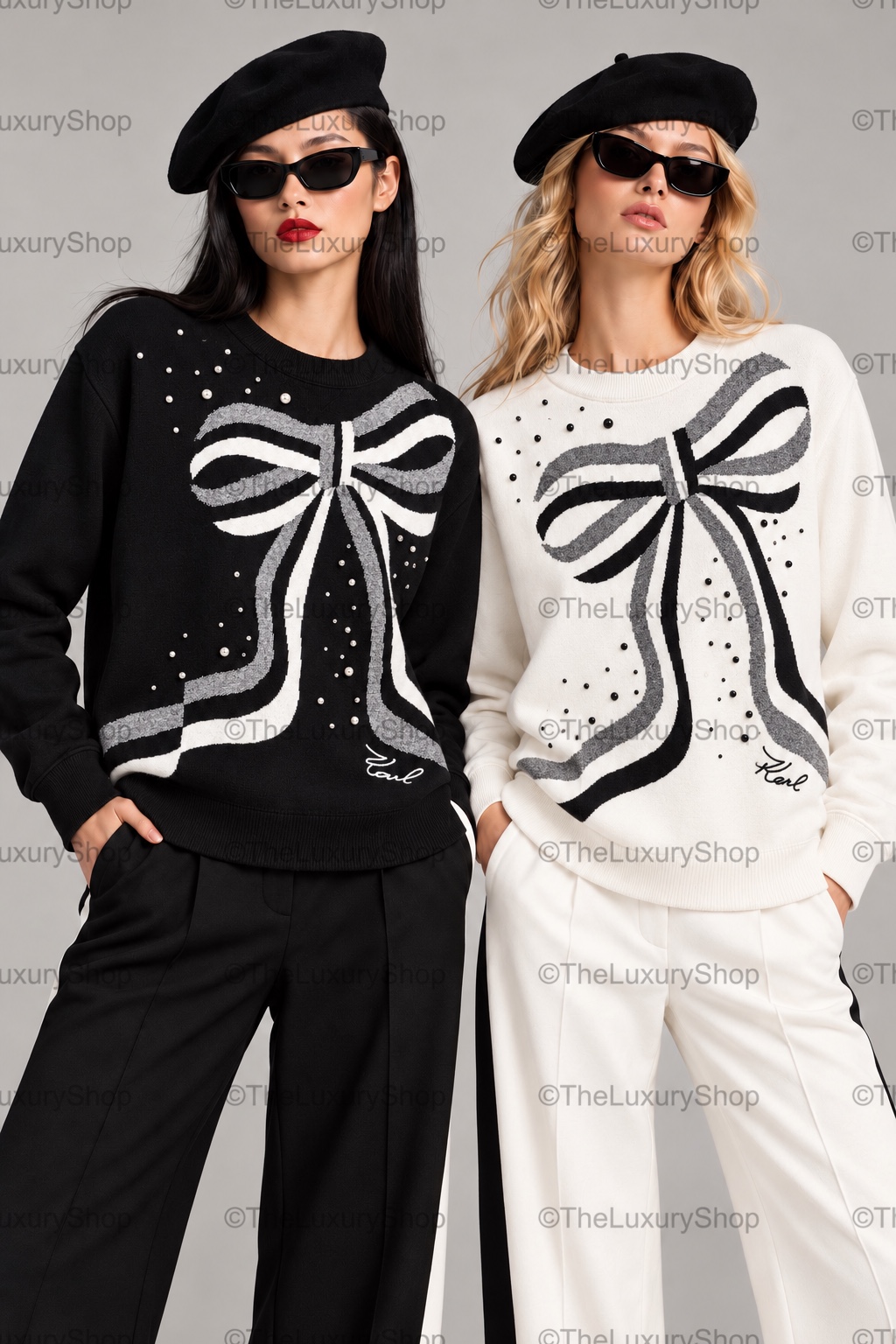 Embelleshed Bow Print Sweater