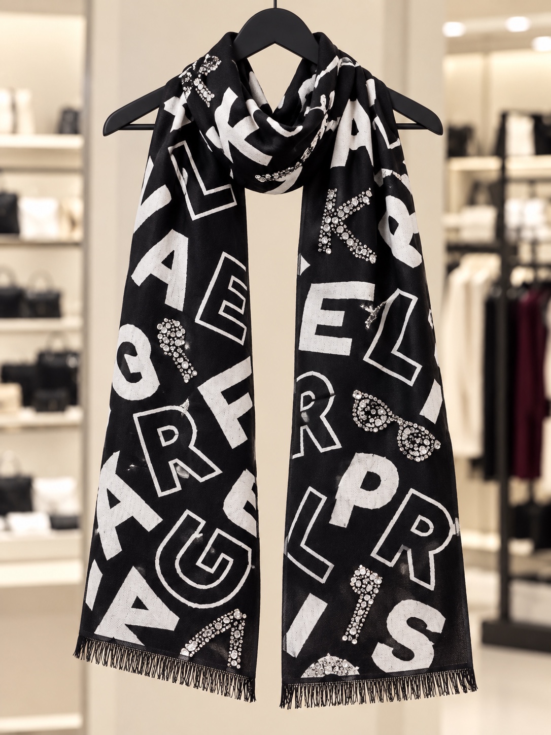 Black and white lettering fringe scarf