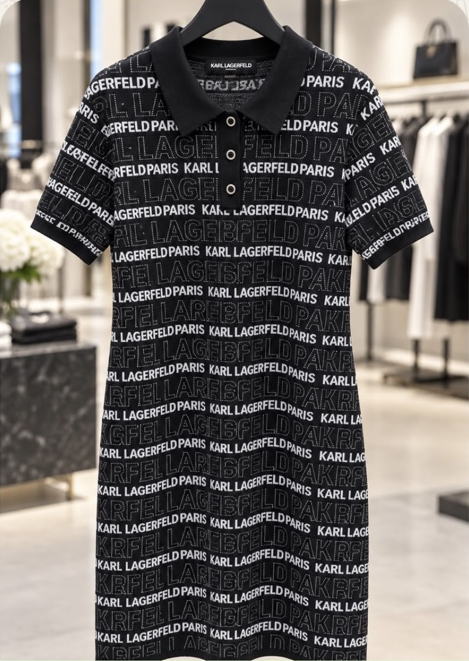 Black and white all-over logo polo dress