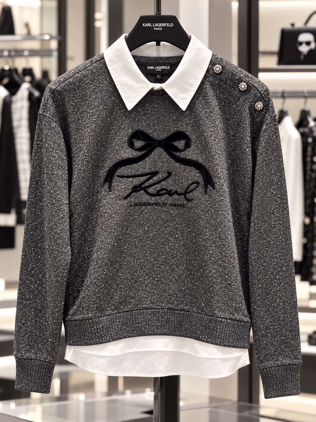 Grey bow sweater with white collar