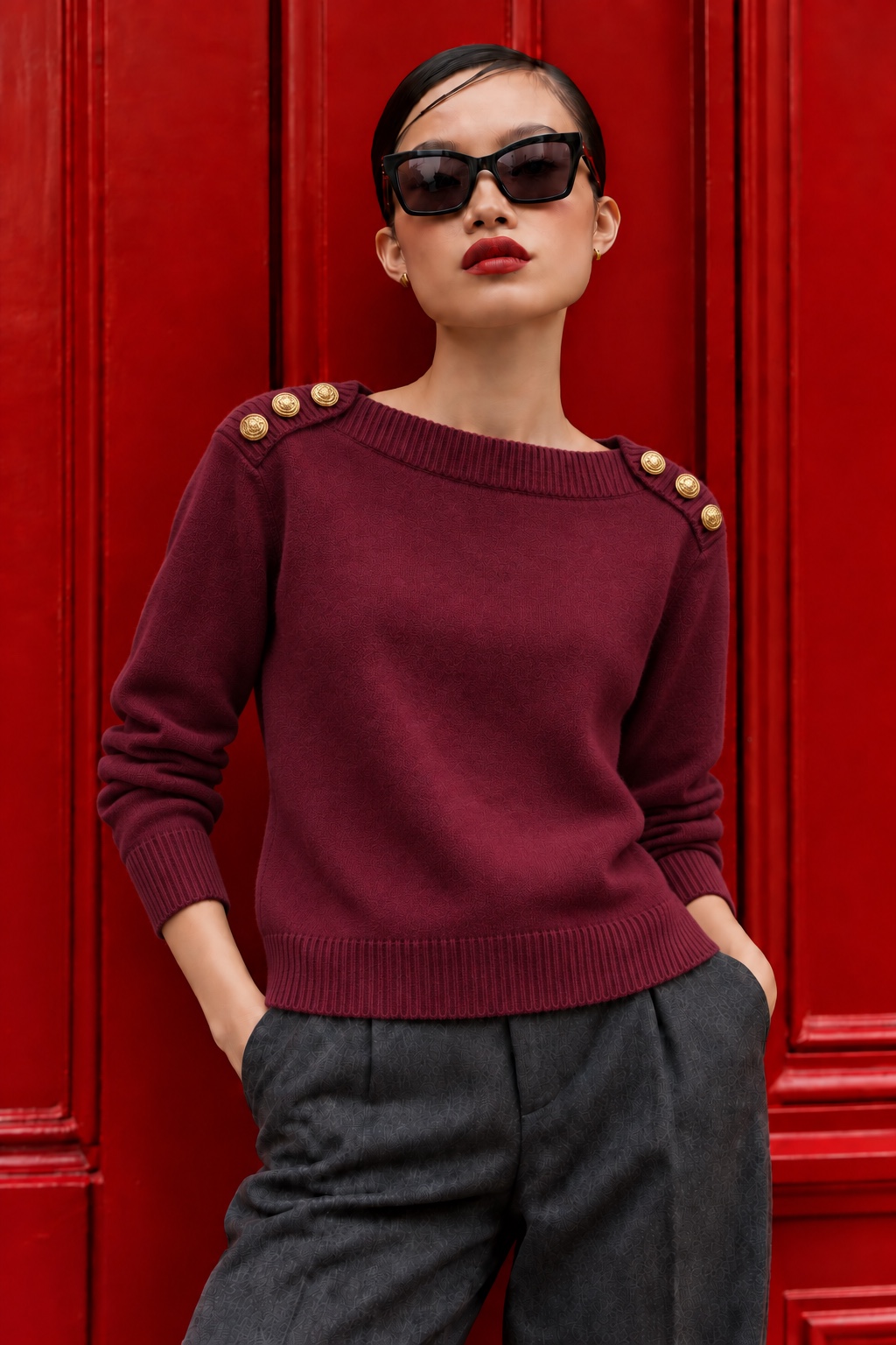 Long Sleeve Boat Neck Button Detail Sweater