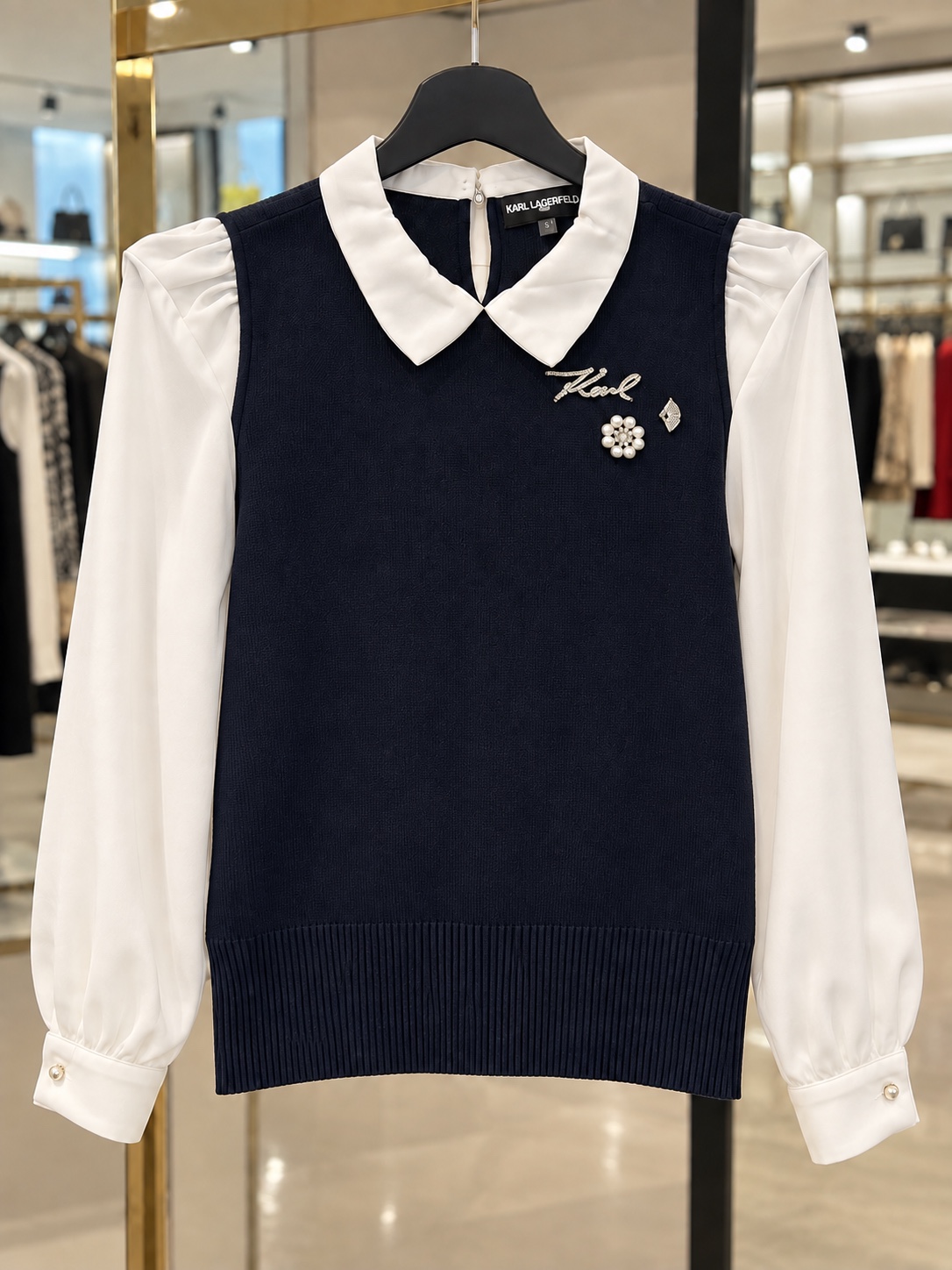Navy layered collared knit top