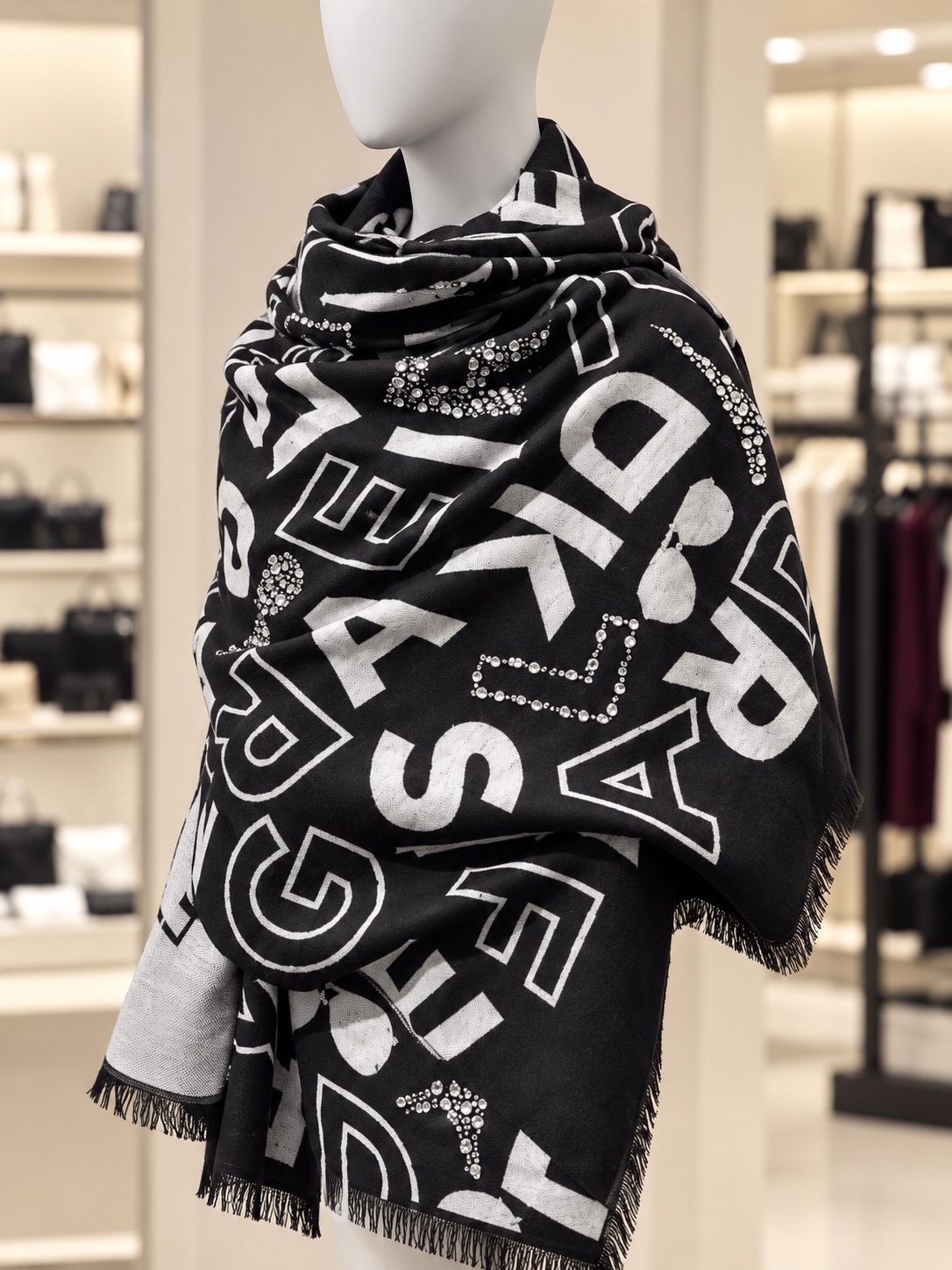 Black and white lettering wrap scarf