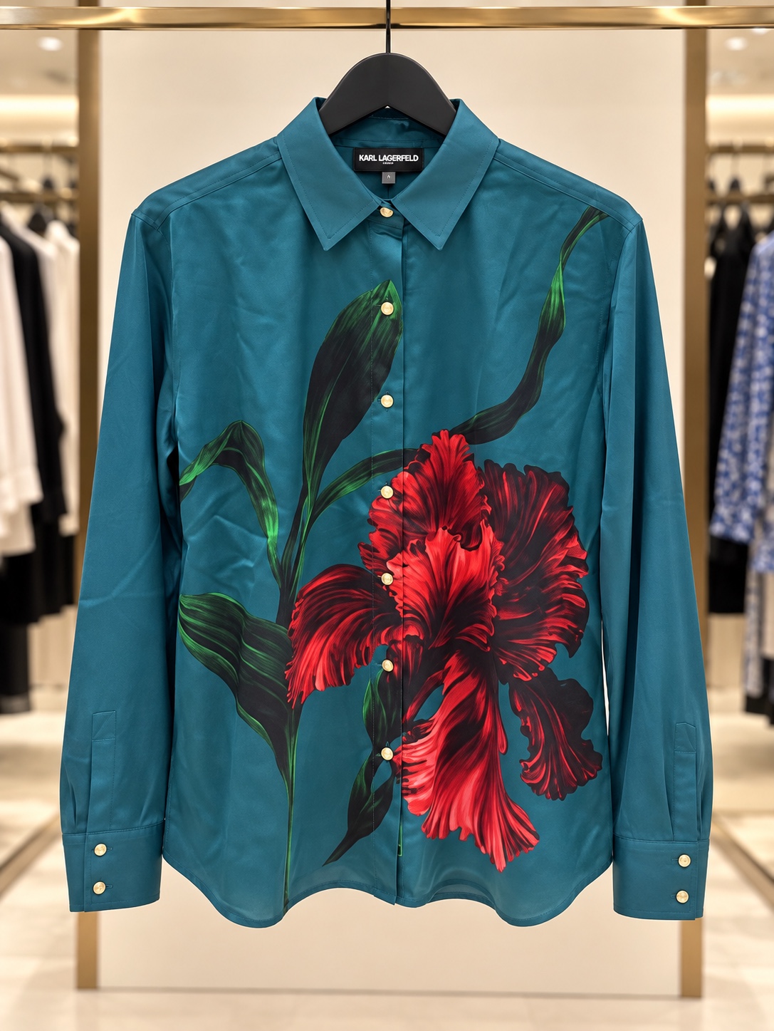 Teal red floral button-front shirt