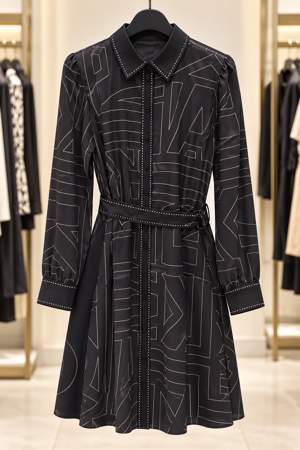 Black geometric print belted shirt dress