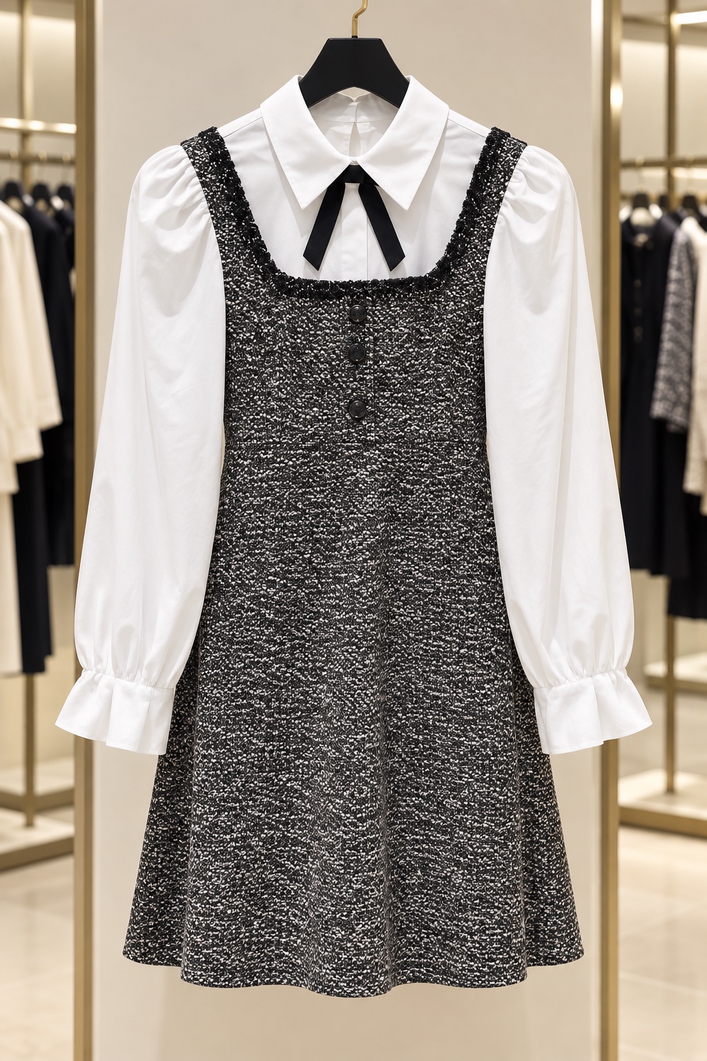 Black and white tweed layered dress with ribbon collar