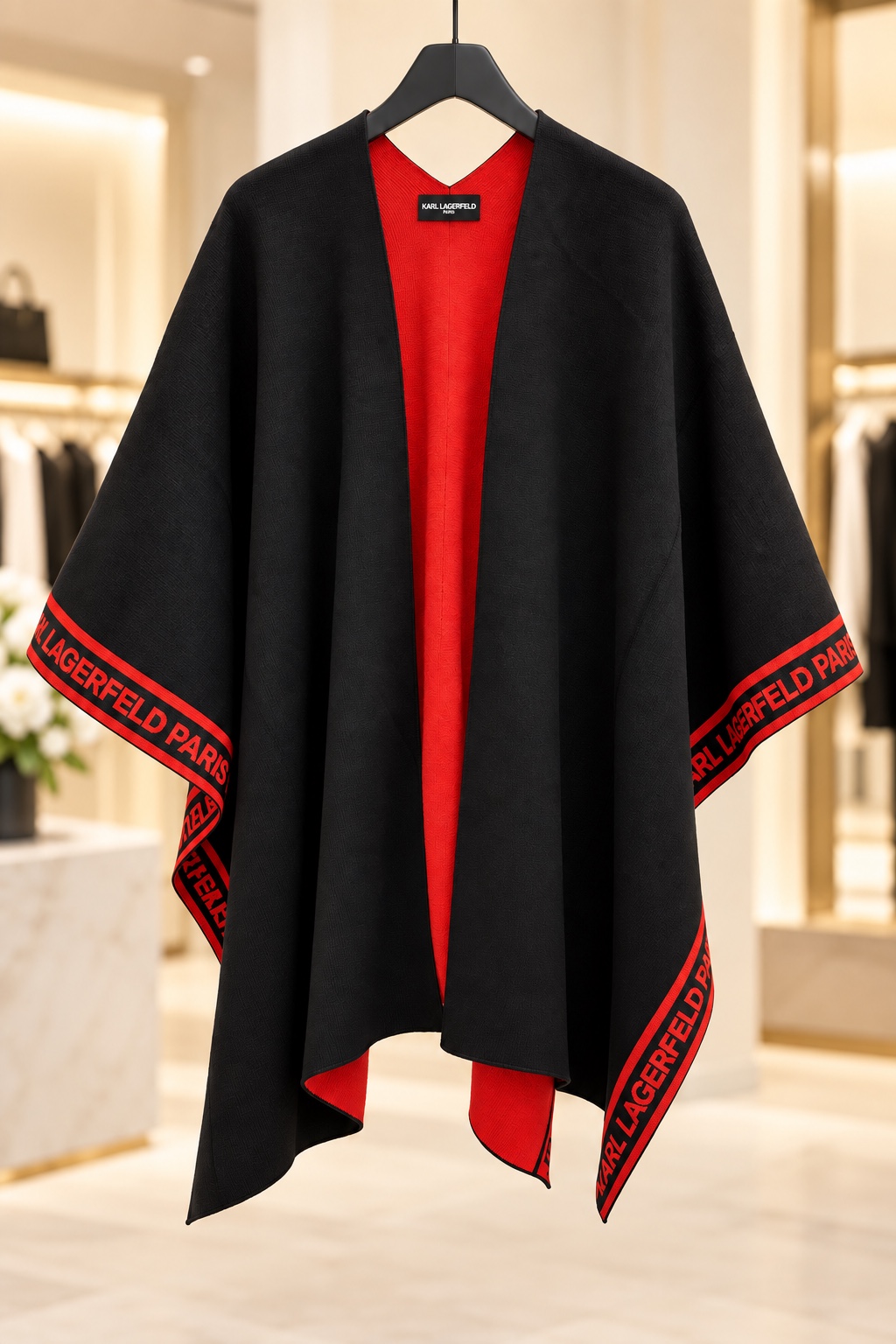 Black and red reversible logo-border cape