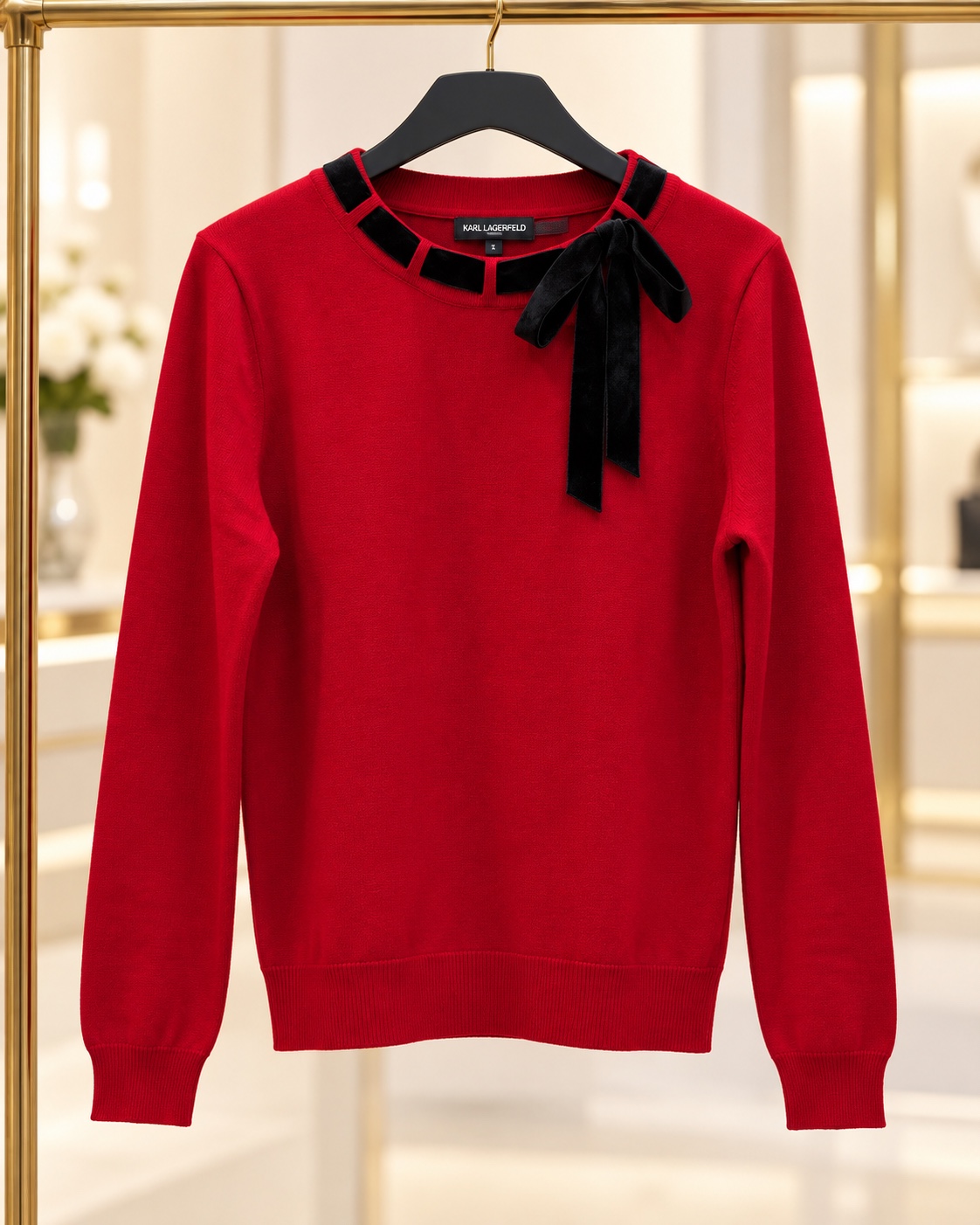Red sweater with black ribbon neckline